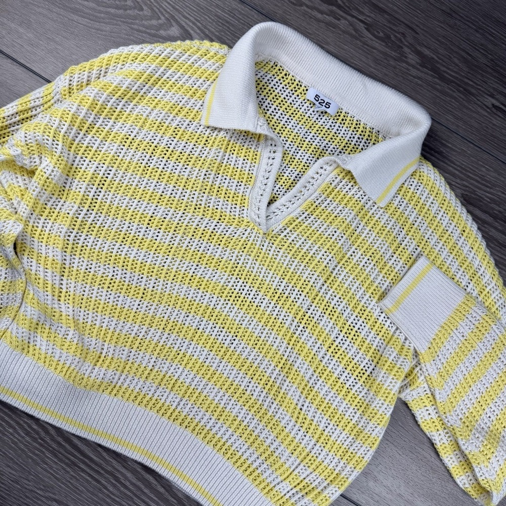 525 Women's‎ Crochet V Neck Cropped Sweater Top Yellow White Medium
